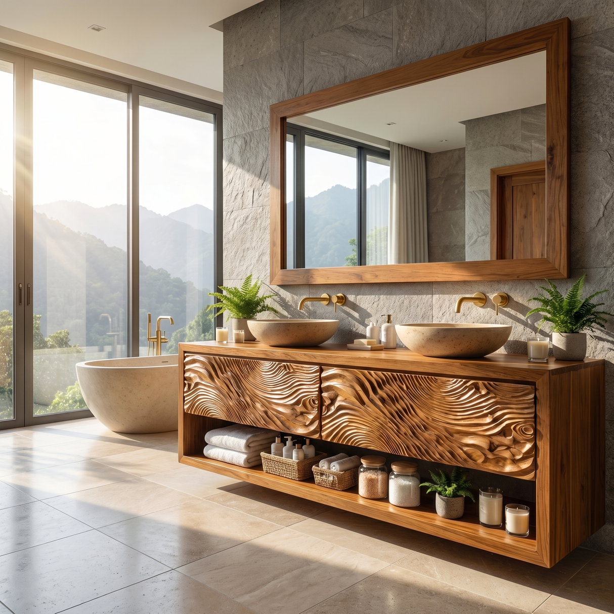 Double Vanity Cabinet with Carved Wave Front and Open Shelf