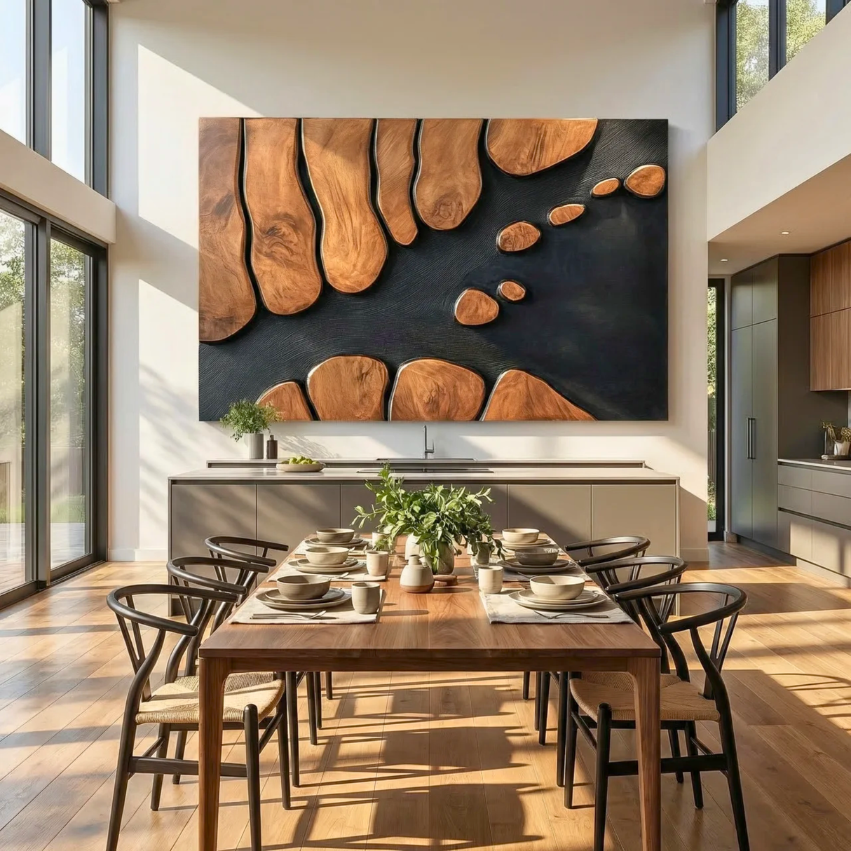 Abstract Sculptural Wood Wall Art Panel with Black Textured Ground