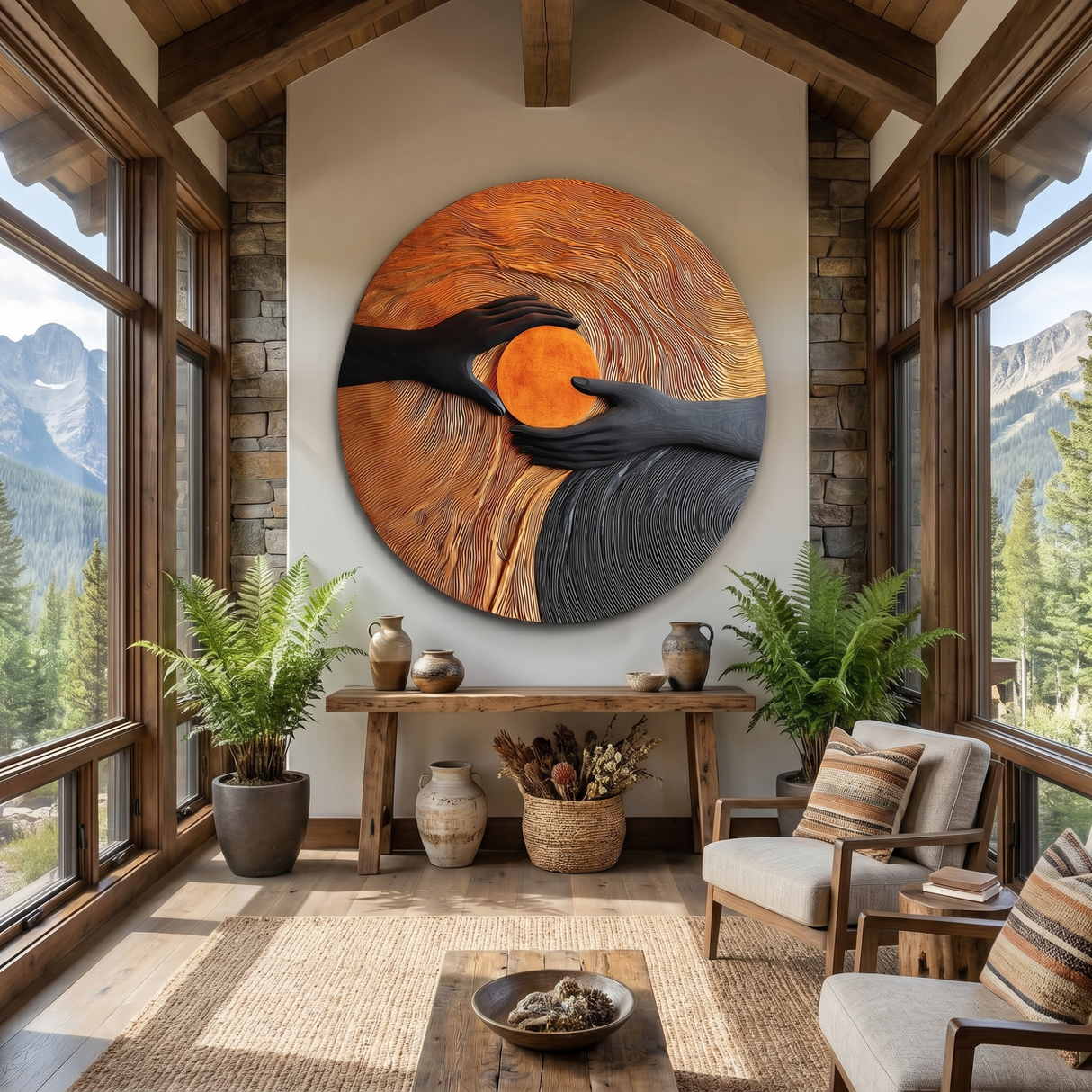 Solid Wood Wall Art with Hand Embrace Relief and Radiant Circle Center