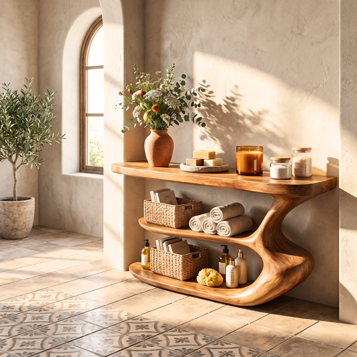 Organic Wooden Console Shelf Handmade Sculptural Storage Table