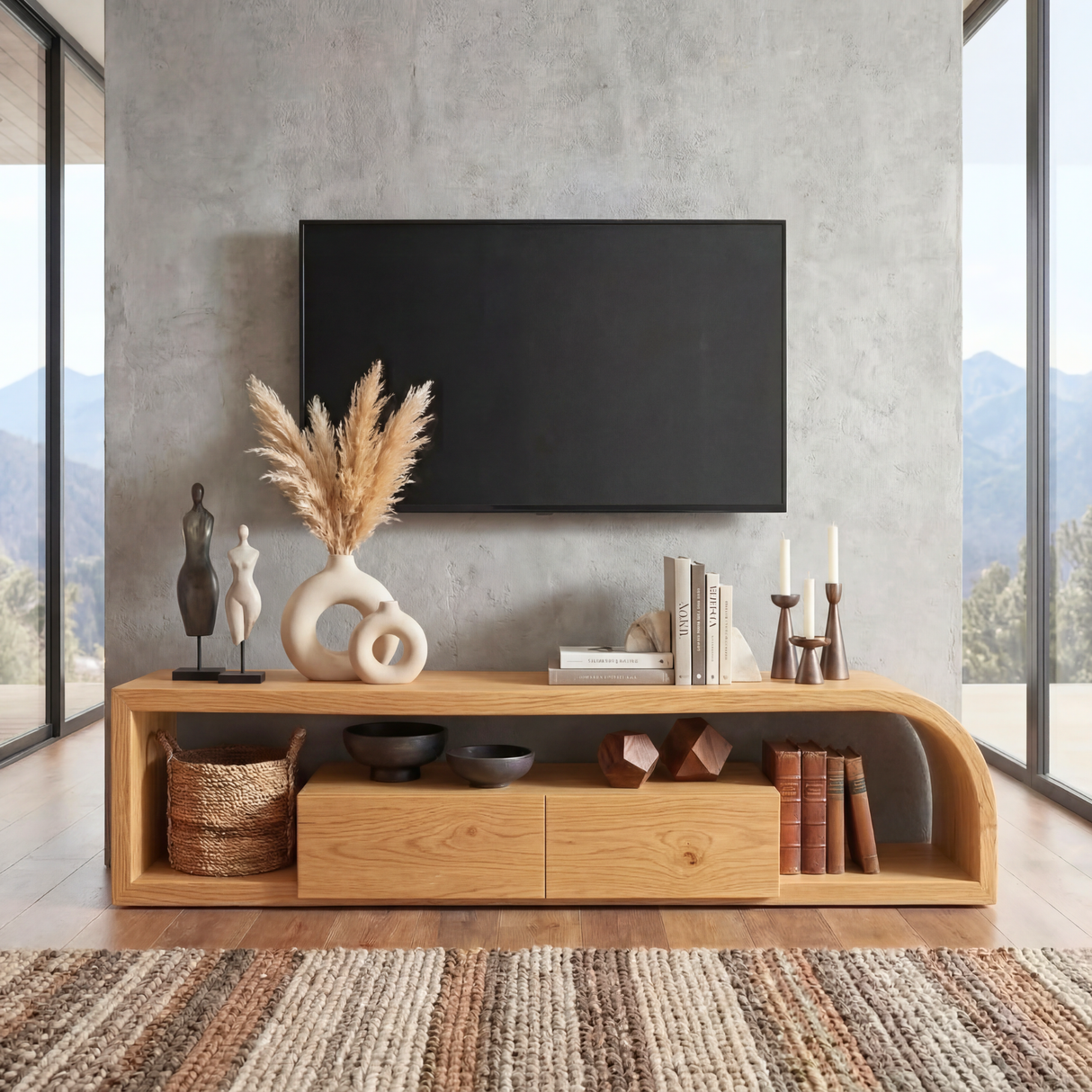 Curved Wood TV Cabinet with Open Shelving, Rustic Modern Media Console for Mediterranean Living Rooms