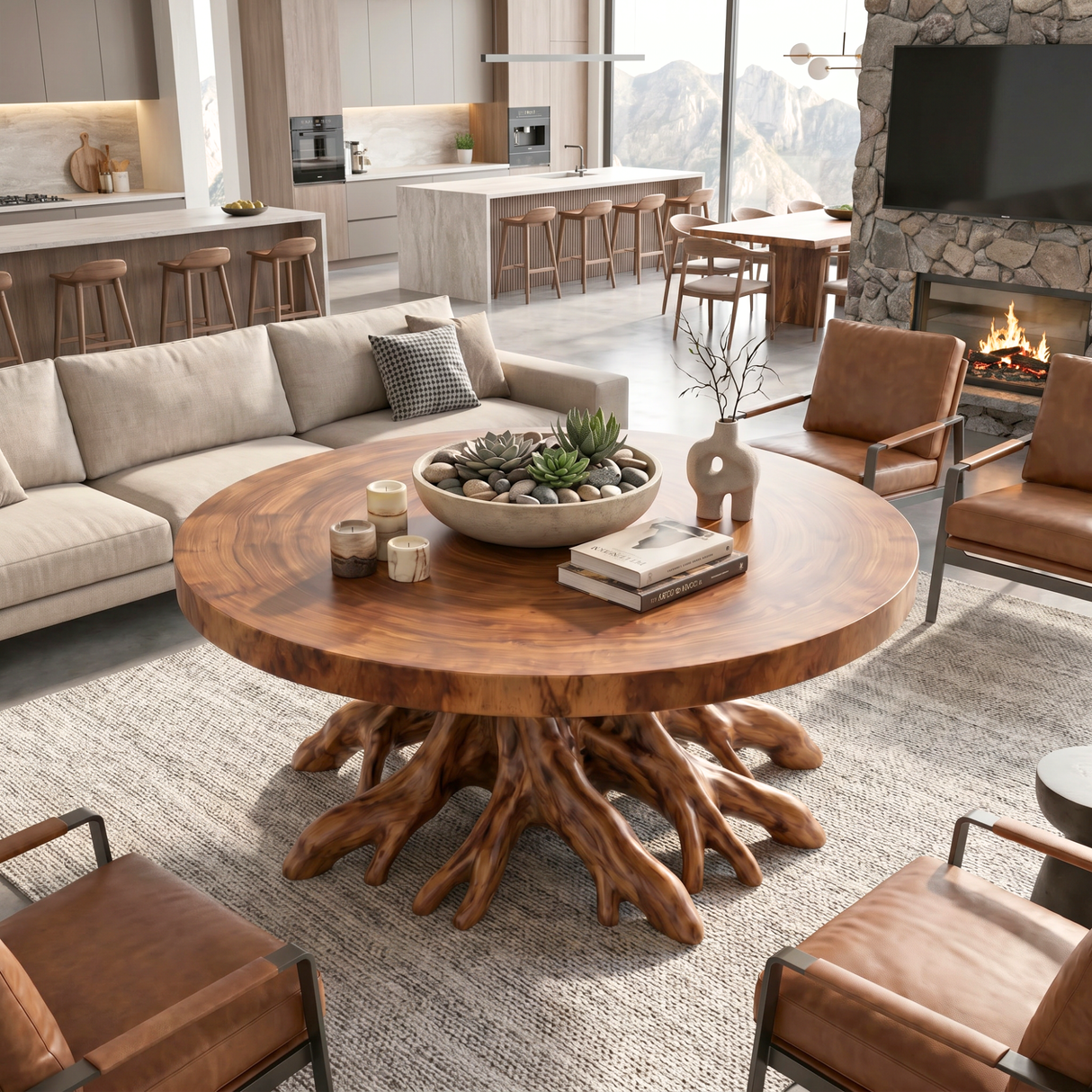 Round Solid Wood Coffee Table with Sculptural Root Base