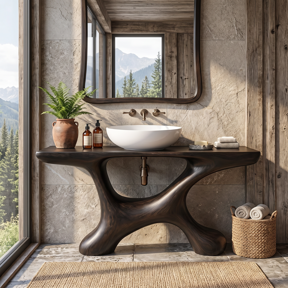 Bathroom Vanity Solid Wood with Sculptural Open Arch Base for Rustic Bathroom