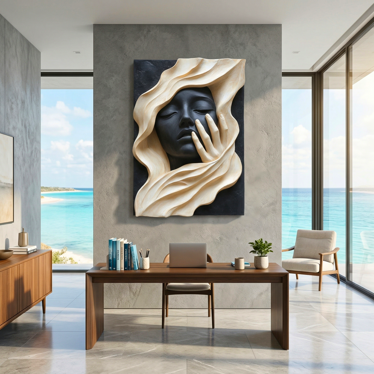 Handcrafted Solid Wood Wall Art with Abstract Female Face Relief for Modern Interiors