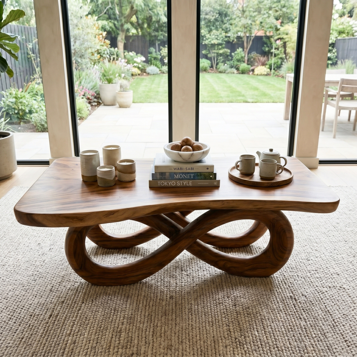 Handcrafted Solid Wood Coffee Table with Infinity Loop Base