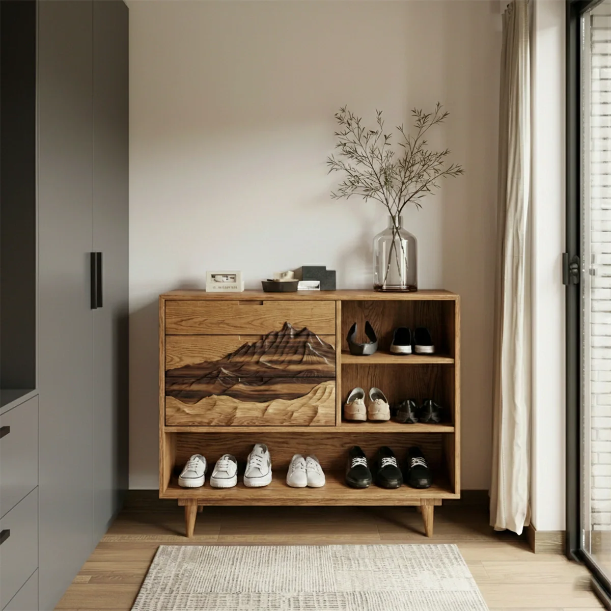 Artistic Mountain Grain Solid Wood Shoe Cabinet for Modern Entryway
