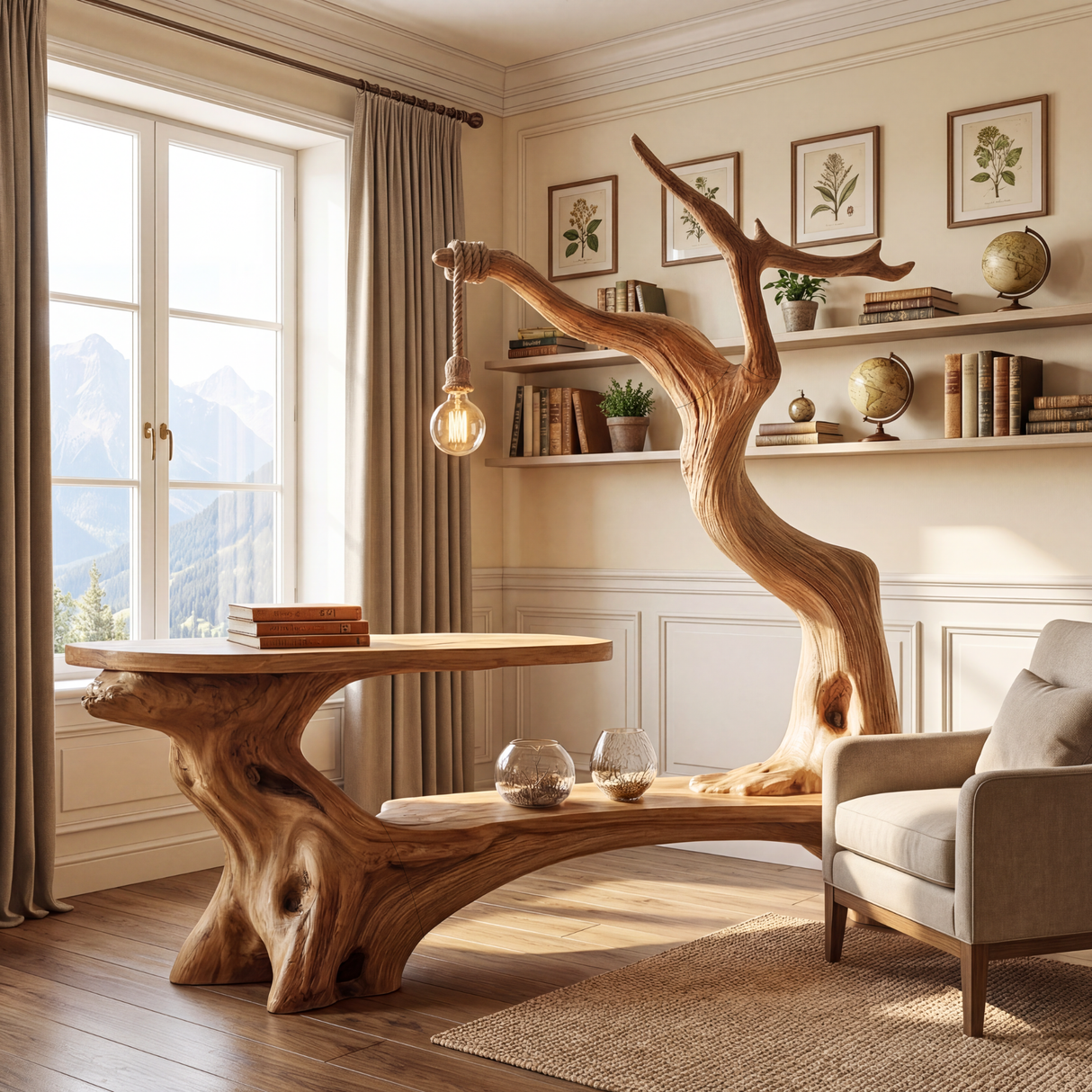 Sculptural Solid Wood Desk with Hanging Light Tree Inspired Writing Table Organic Modern Workspace