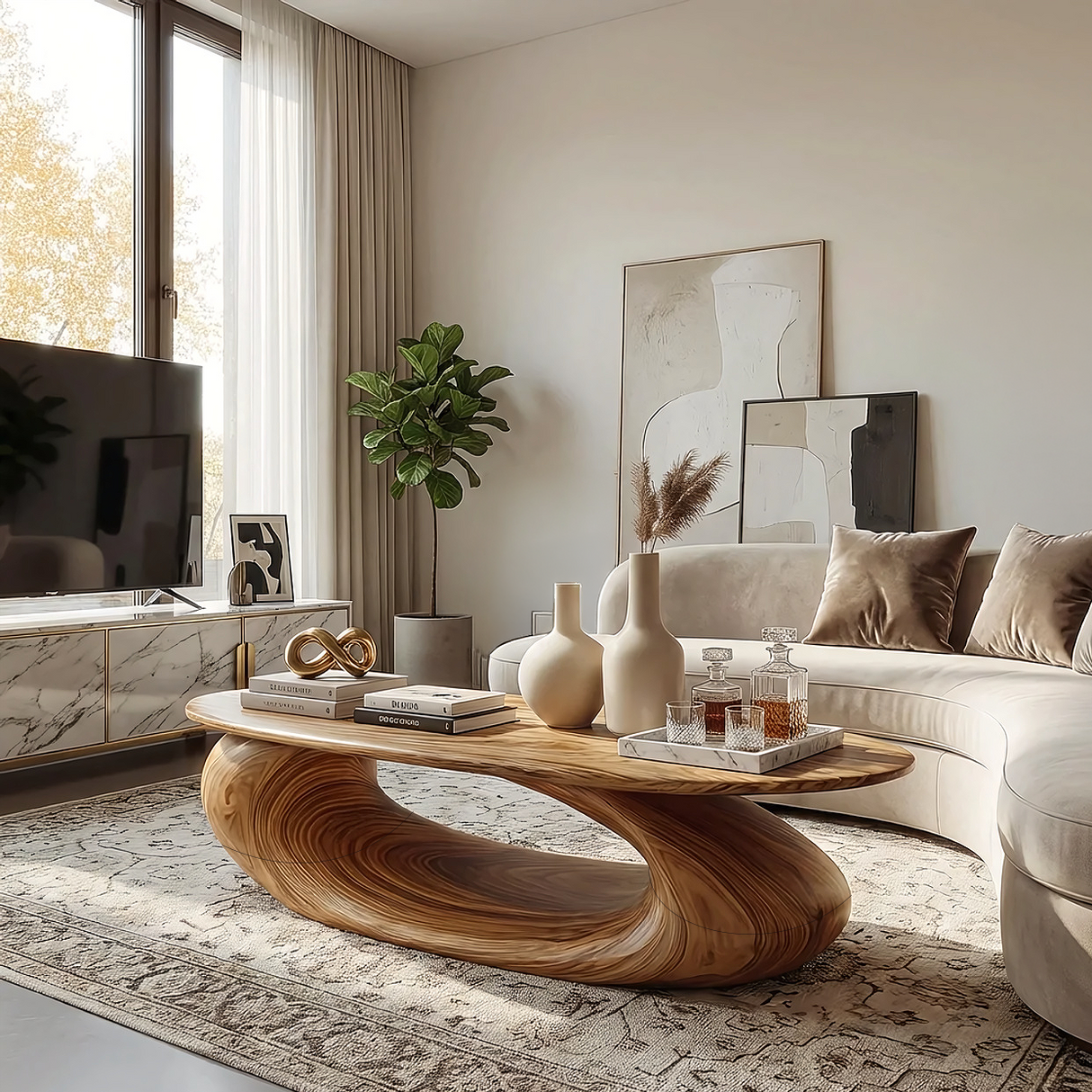 Organic Sculpted Wood Coffee Table Modern Art Base