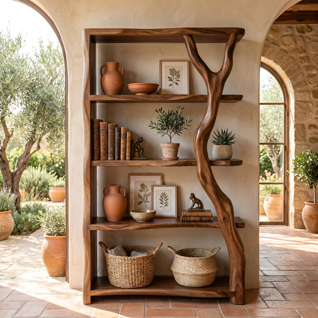 Organic Solid Wood Bookshelf with Branch Inspired Side Support