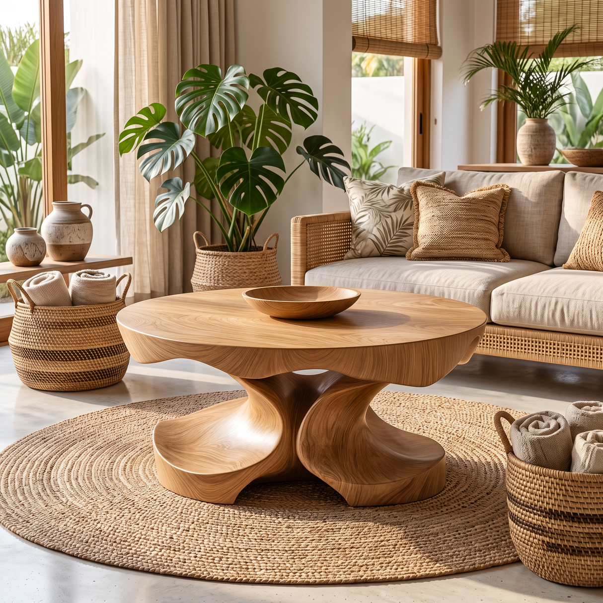 Coffee Table Solid Wood with Sculptural Four-Lobed Pedestal Base for Living Room