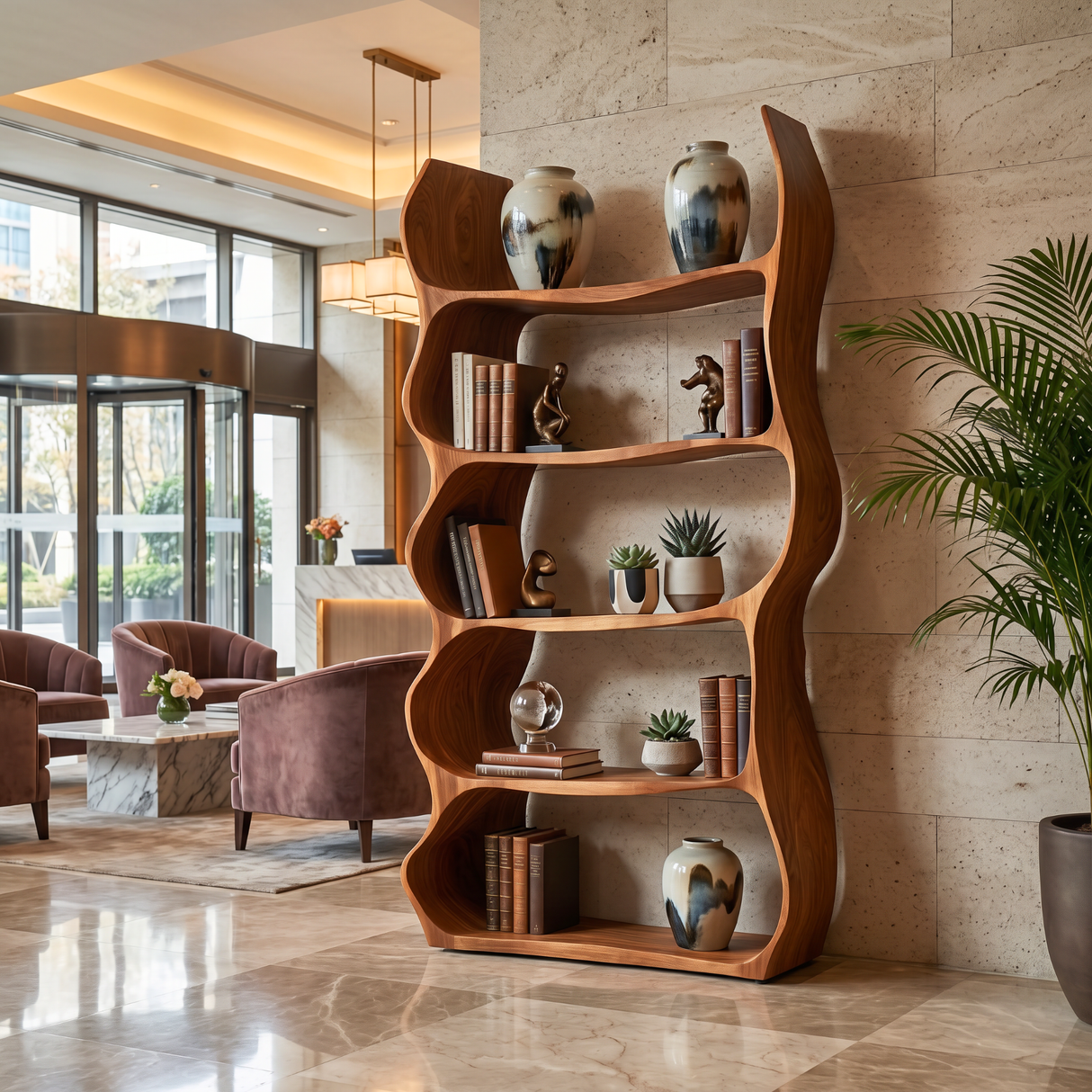 Organic Wavy Bookshelf Handmade Sculptural Wooden Display Shelf Modern Storage Unit