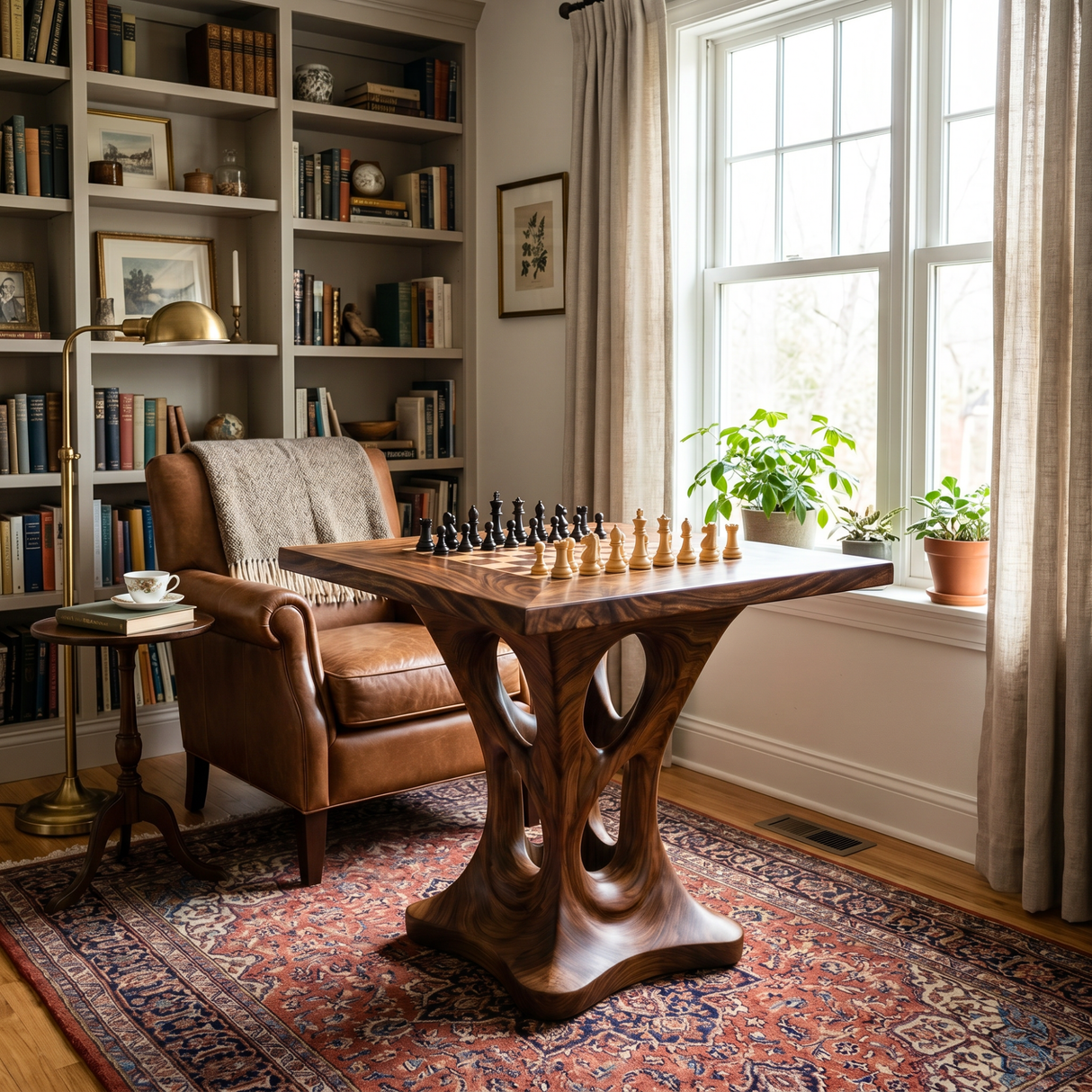 Handcrafted Solid Wood Chess Table with Sculptural Open Pedestal Base