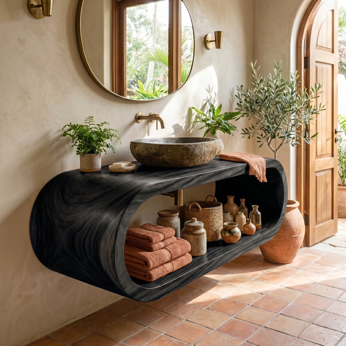 Organic Solid Wood Floating Bathroom Vanity with Sculptural Curved Form