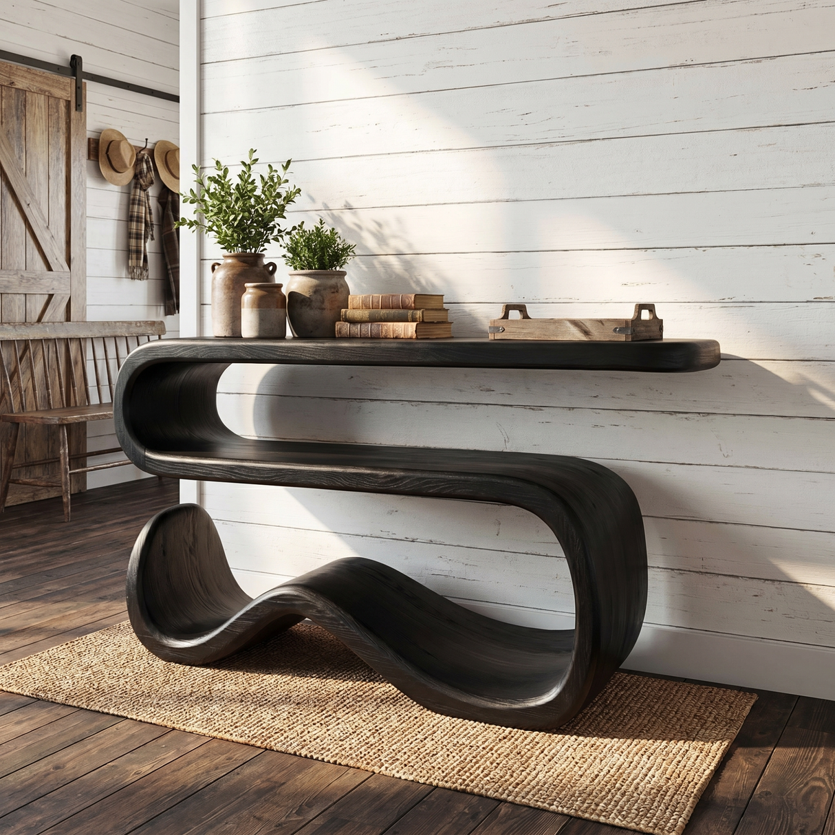 Hand-Carved Solid Wood Outdoor Sculpture Ascending Open Curve Monument Form