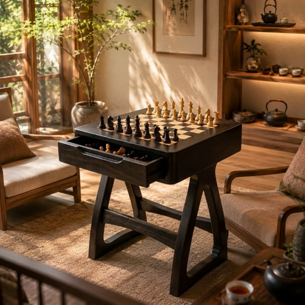 Handcrafted Solid Wood Chess Table with Storage Drawer and Sculptural Base