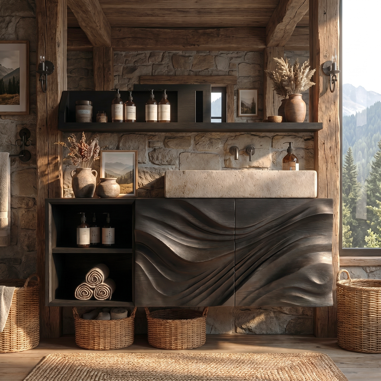 Flow Carved Solid Wood Floating Vanity Cabinet with Organic Wave Texture