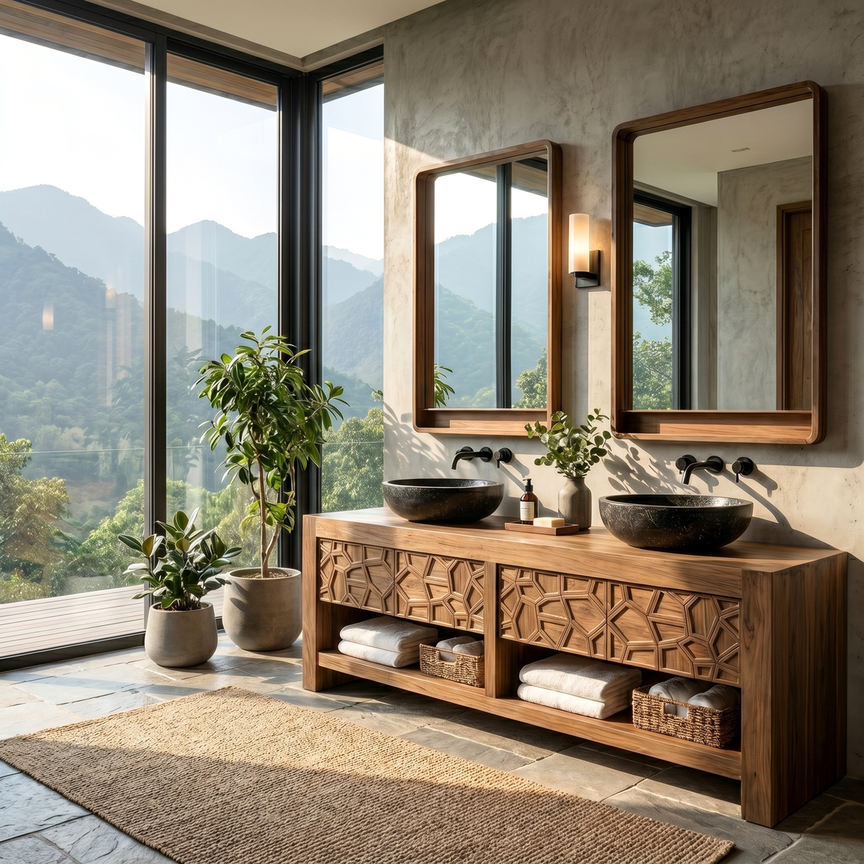 Modern Solid Wood Bathroom Vanity Cabinet With Geometric Carved Design
