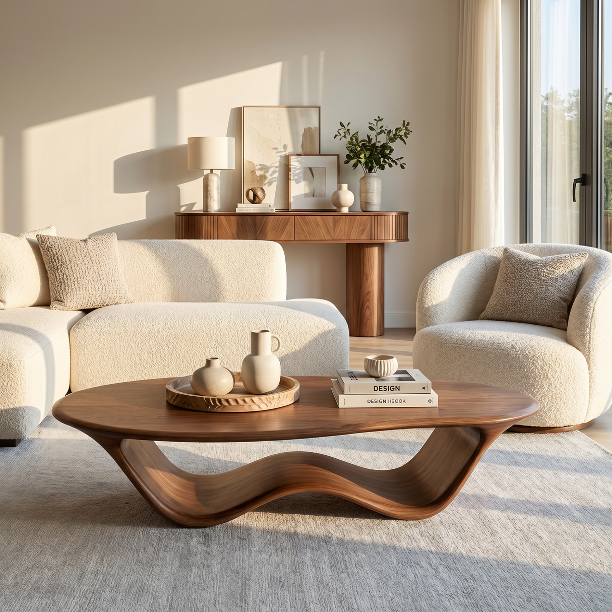 Coffee Table Solid Wood with Flowing Wave Sculptural Base for Living Room