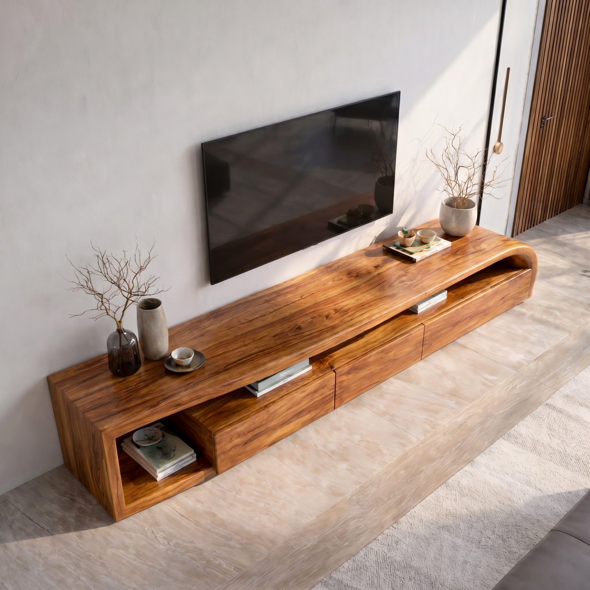 Sculptural Solid Wood TV Console with Curved Side Shelf and Storage Drawers