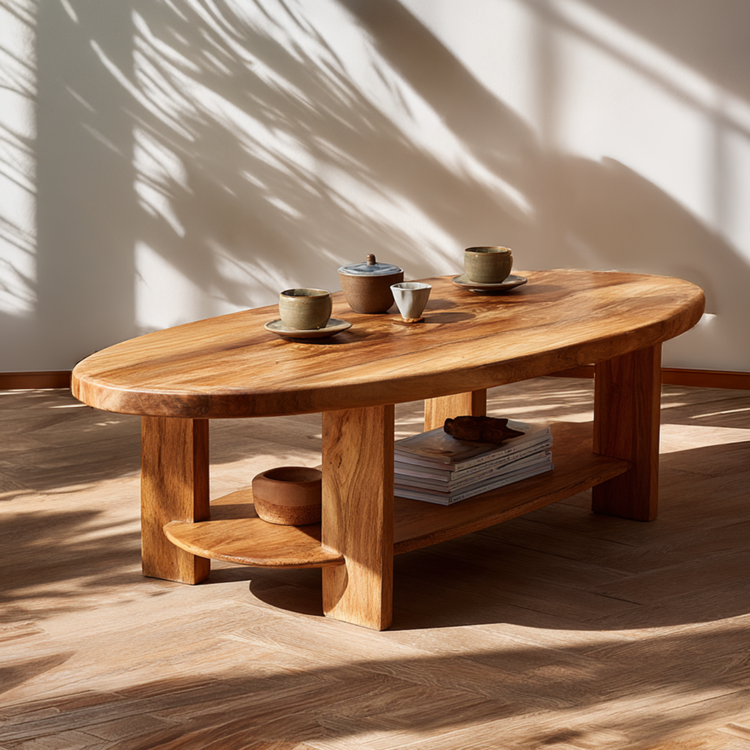 Oval Solid Wood Coffee Table with Open Shelf