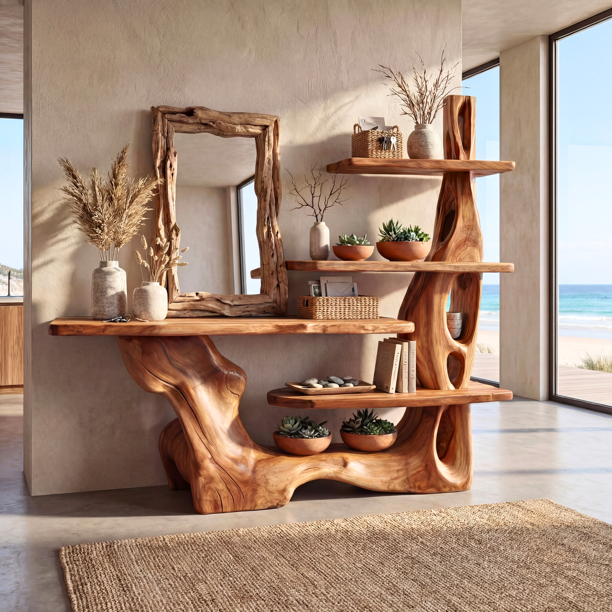 Sculptural Solid Wood Console Table with Tiered Shelving Organic Entryway Table