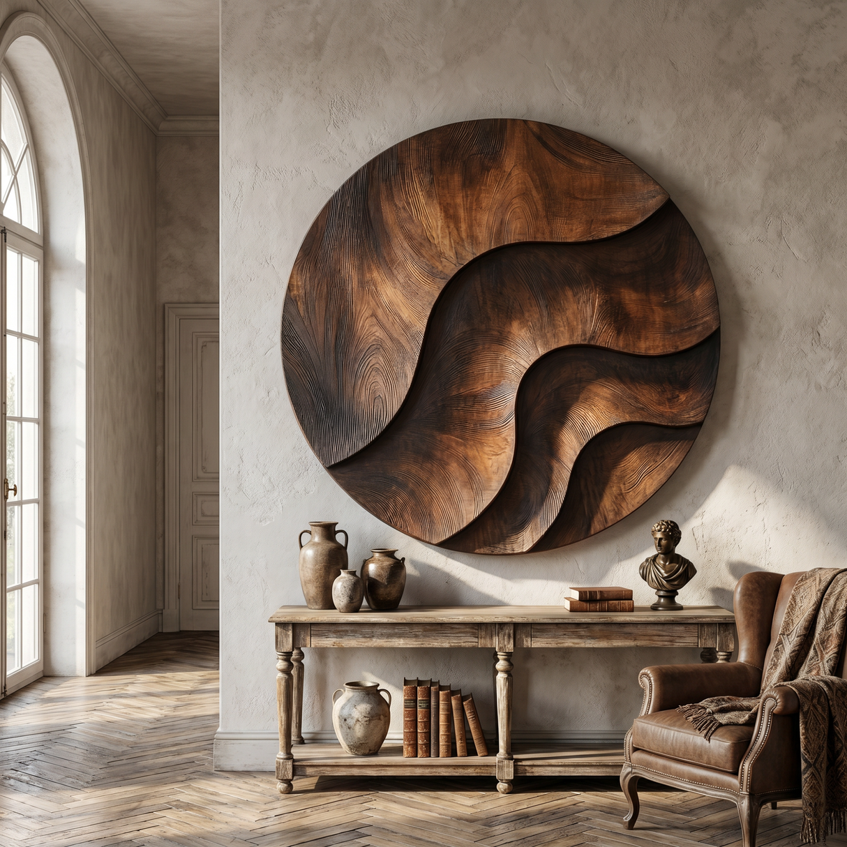 Round Solid Wood Wall Art with Sculpted River Flow and Dark Wood Contrast