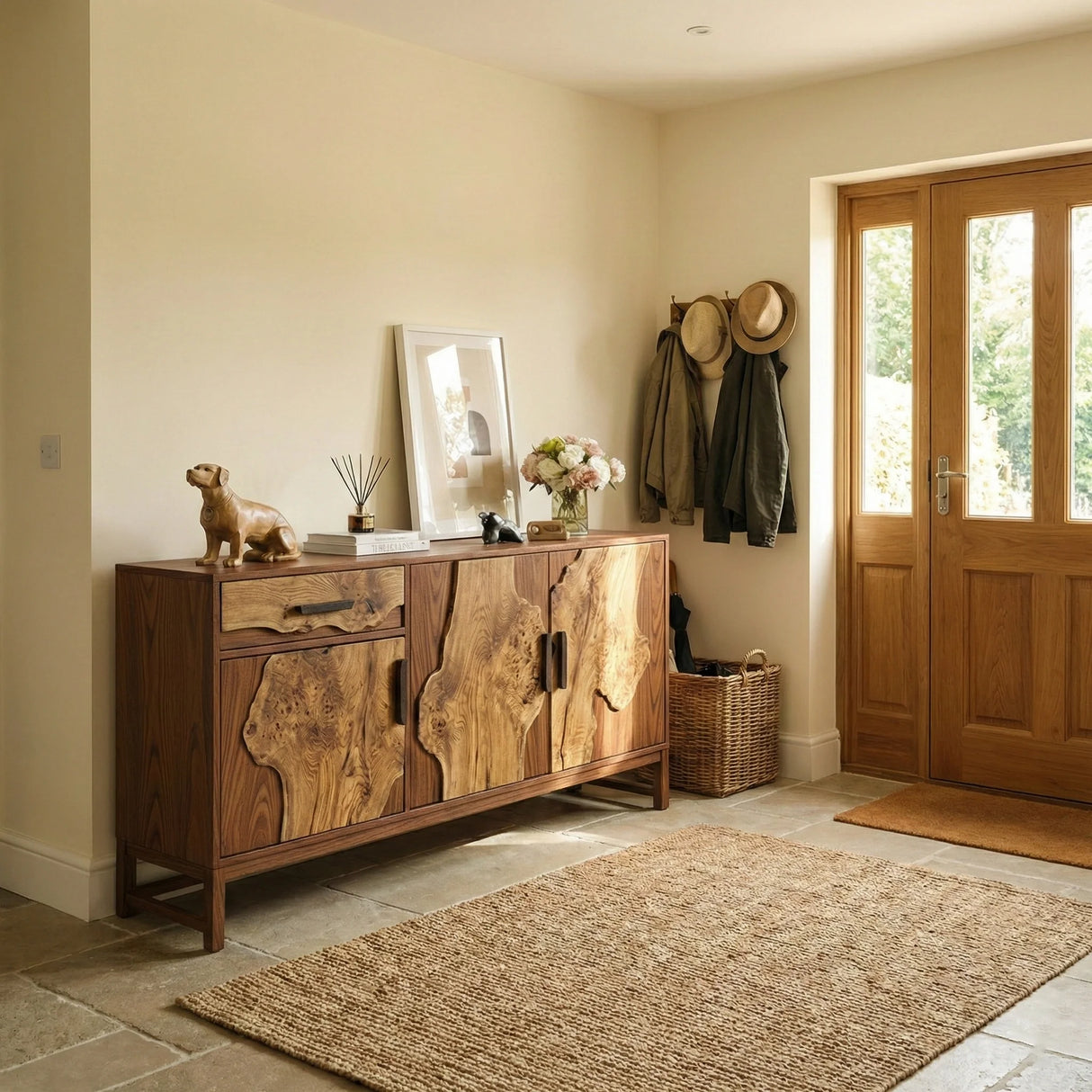 Live Edge Solid Wood Shoe Cabinet with Sculptural Grain Panels