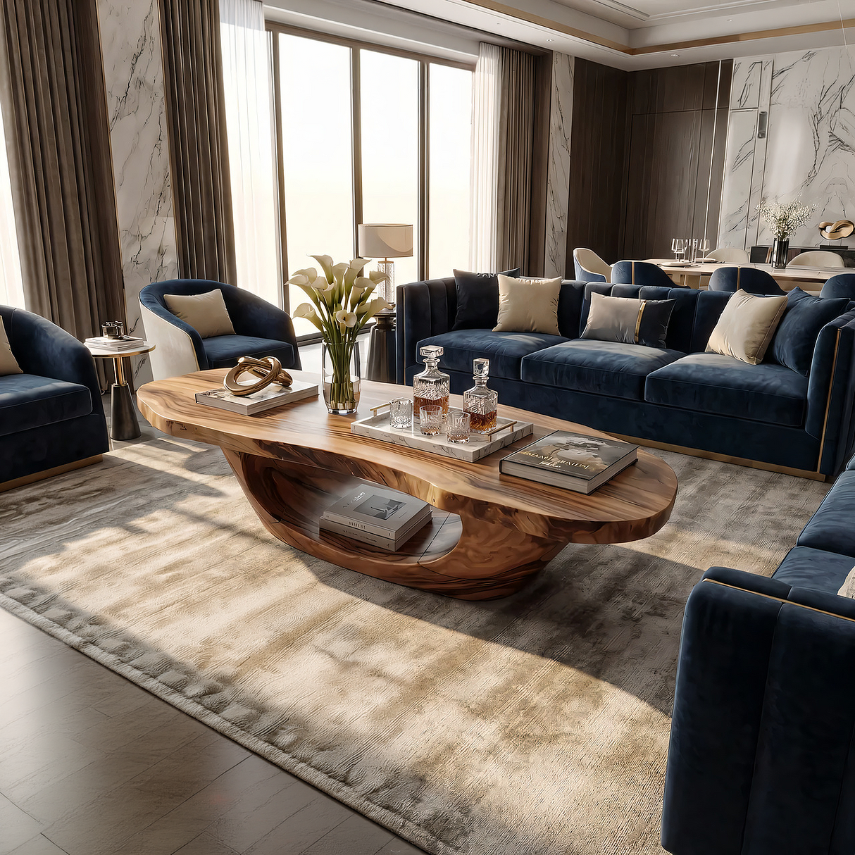 Live Edge Oval Wood Coffee Table with Sculpted Base