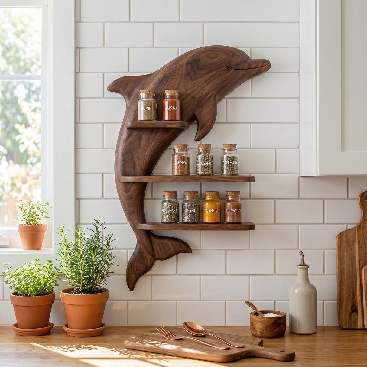 Solid Wood Dolphin Wall Spice Shelf with Three Tier Kitchen Storage