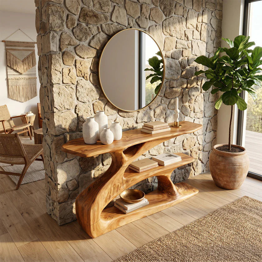 Sculptural Solid Wood Console with Integrated Shelf