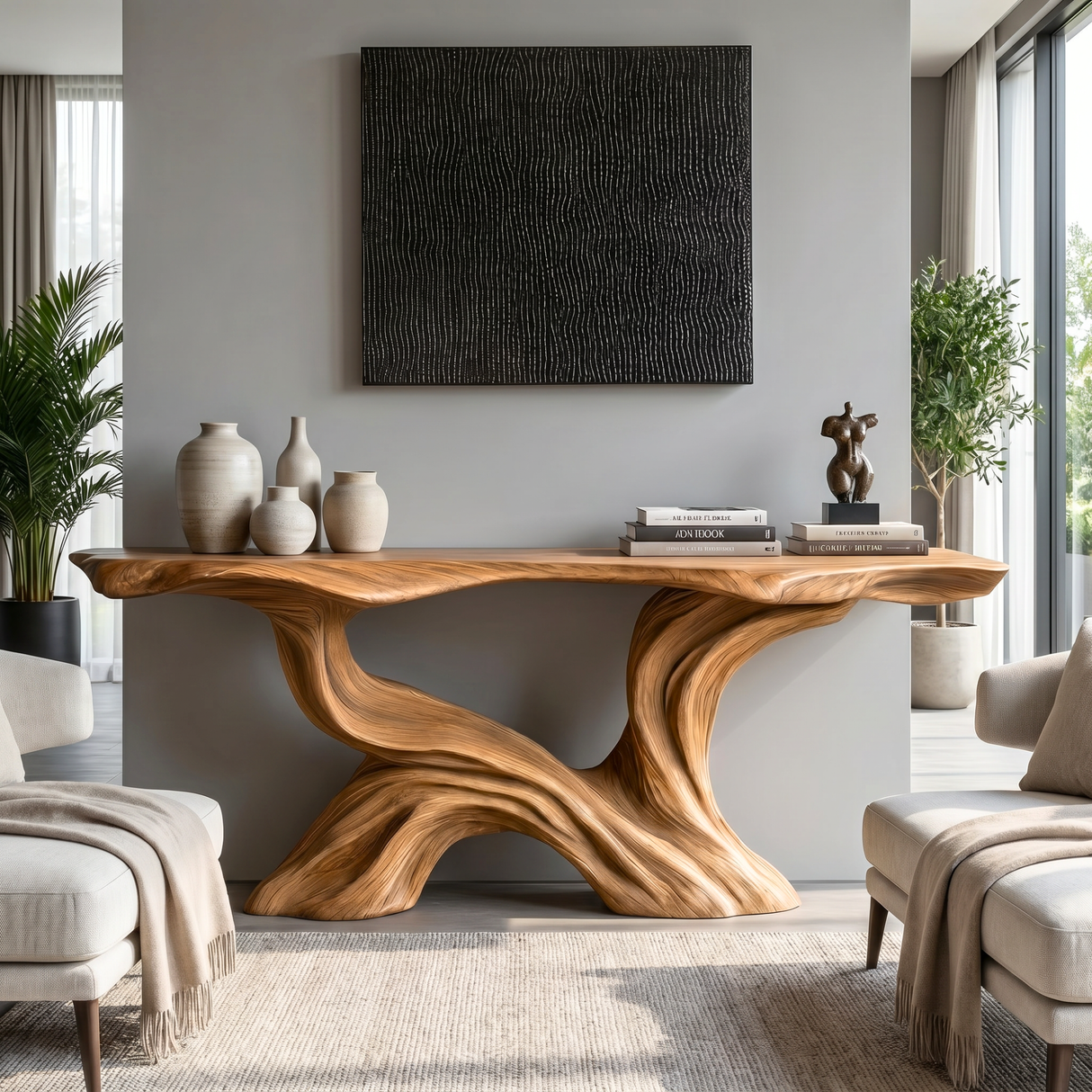 Console Table Solid Wood with Flowing Branch Sculptural Base