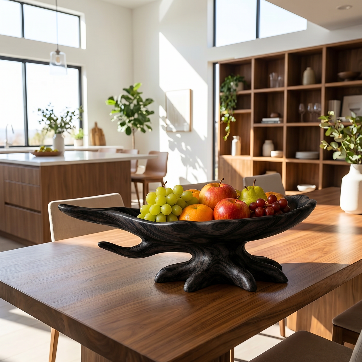 Sculptural Solid Wood Fruit Bowl with Organic Root Base and Flowing Rim