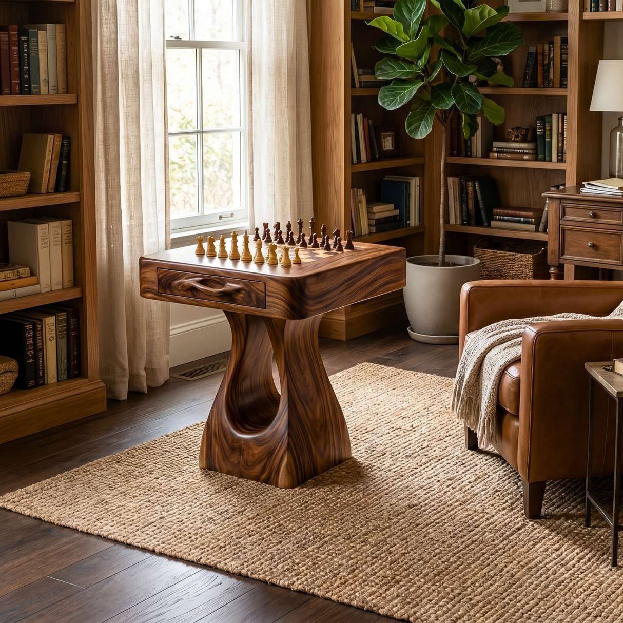 Handcrafted Solid Wood Chess Table with Storage Drawer and Sculptural Pedestal Base