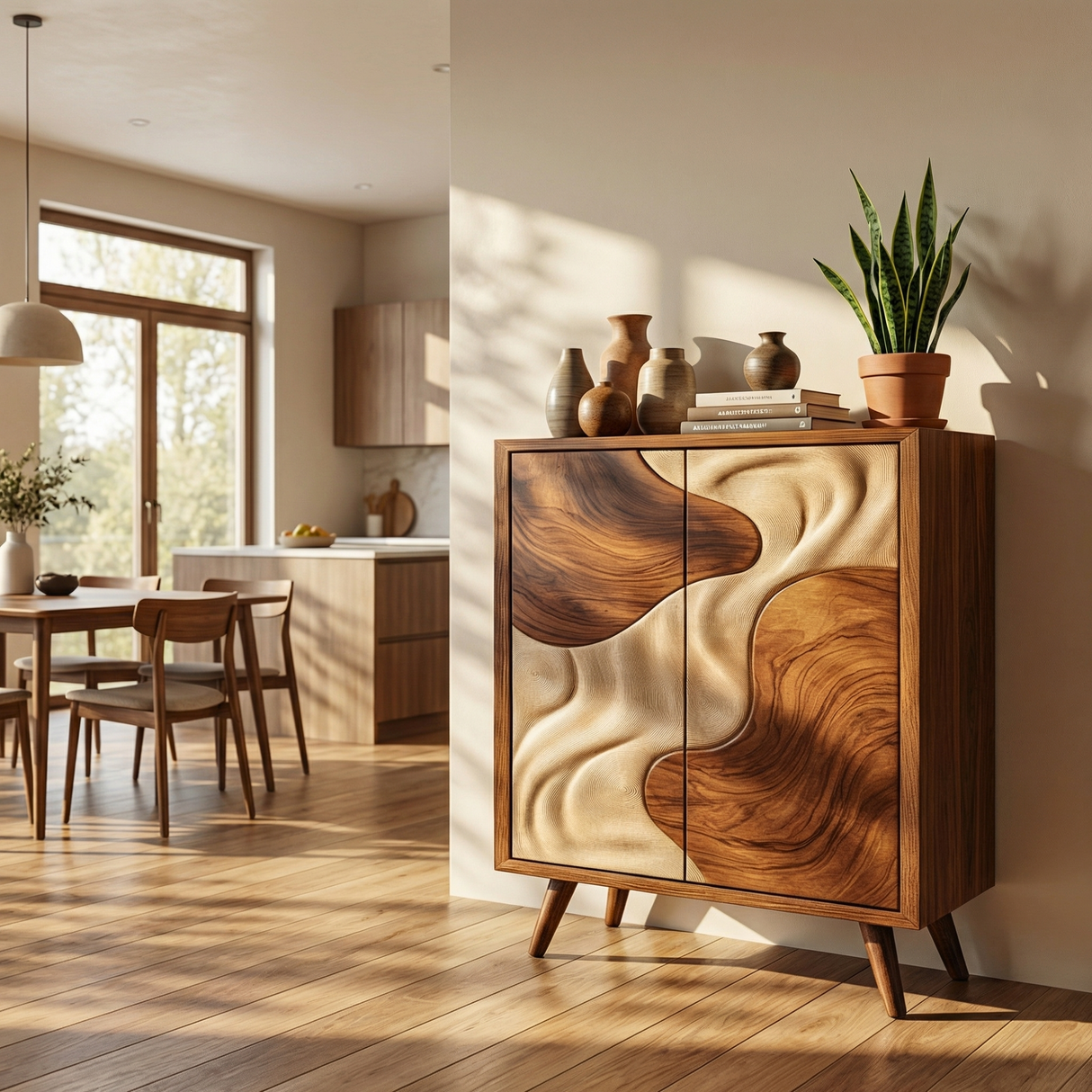 Solid Wood Sculptural Cabinet with Flowing Two-Tone Relief Doors for Modern Interiors