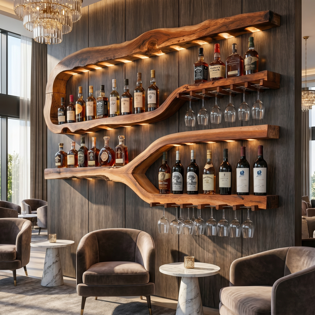 Luxury Solid Wood Wine Rack Wall Shelf With Glass Holder