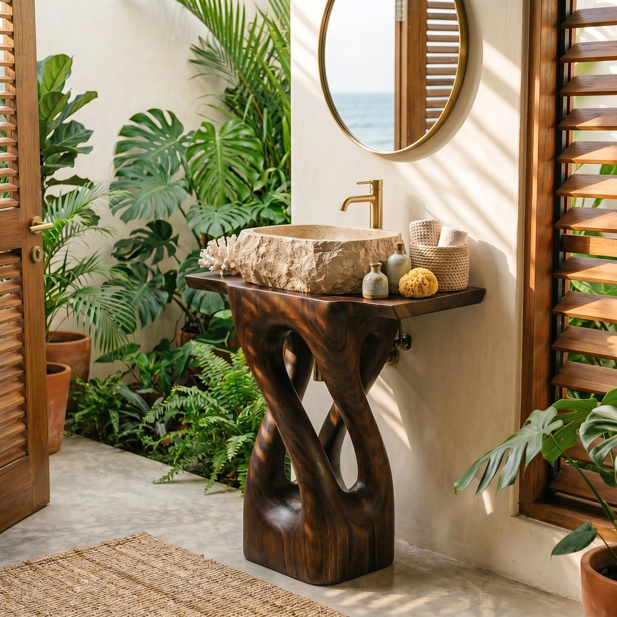 Organic Carved Solid Wood Pedestal Sink Stand with Open Sculptural Form