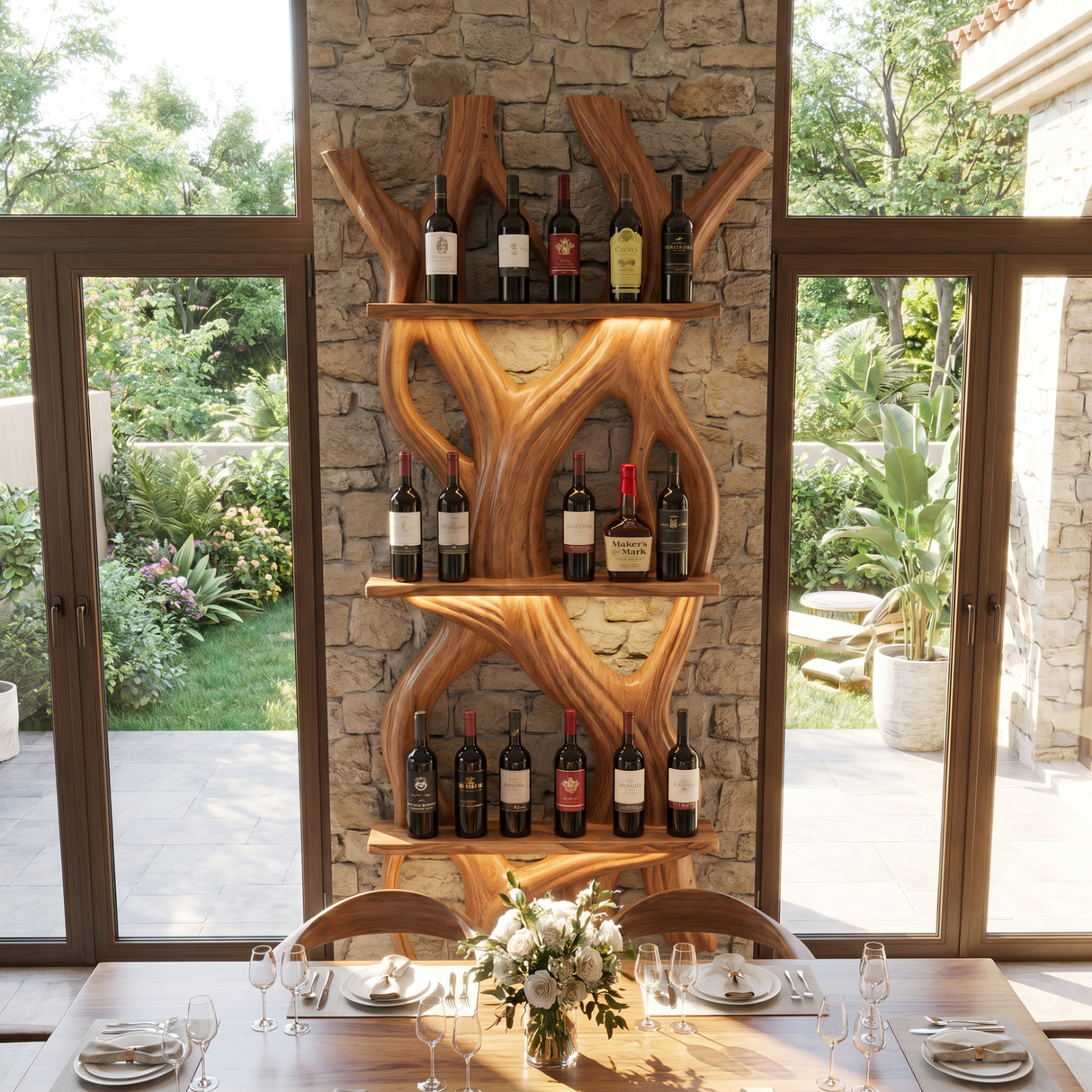 Sculptural Wooden Wine Display Organic Wall Mounted Bottle Rack