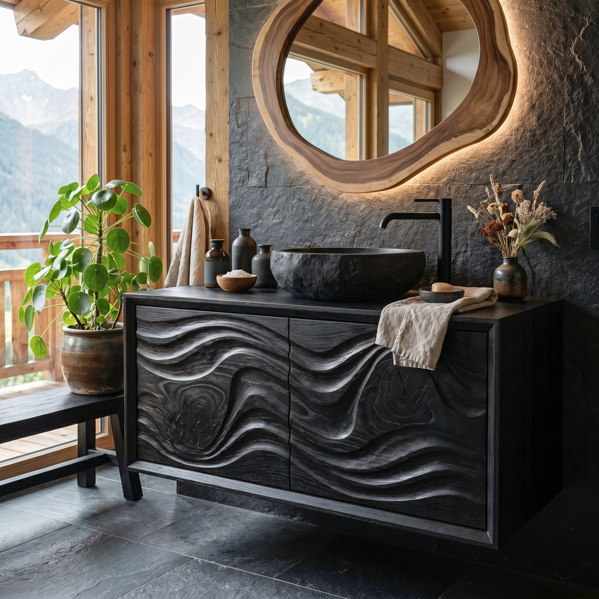Artisan Solid Wood Bathroom Vanity with Hand Carved Wave Front