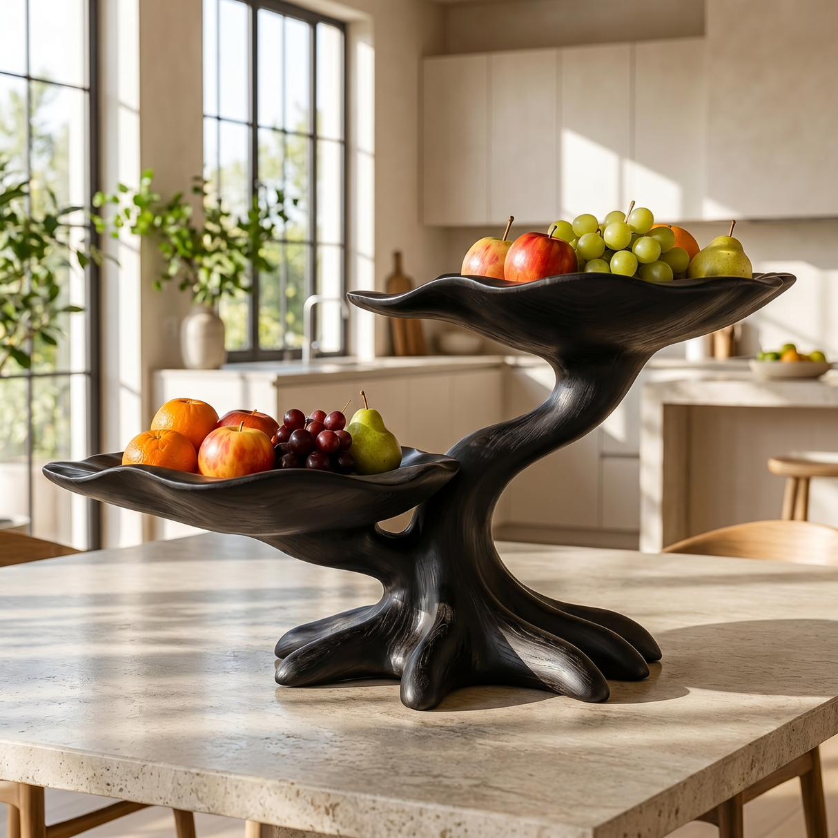 Sculptural Solid Wood Fruit Bowl with Two-Tier Organic Branch Base