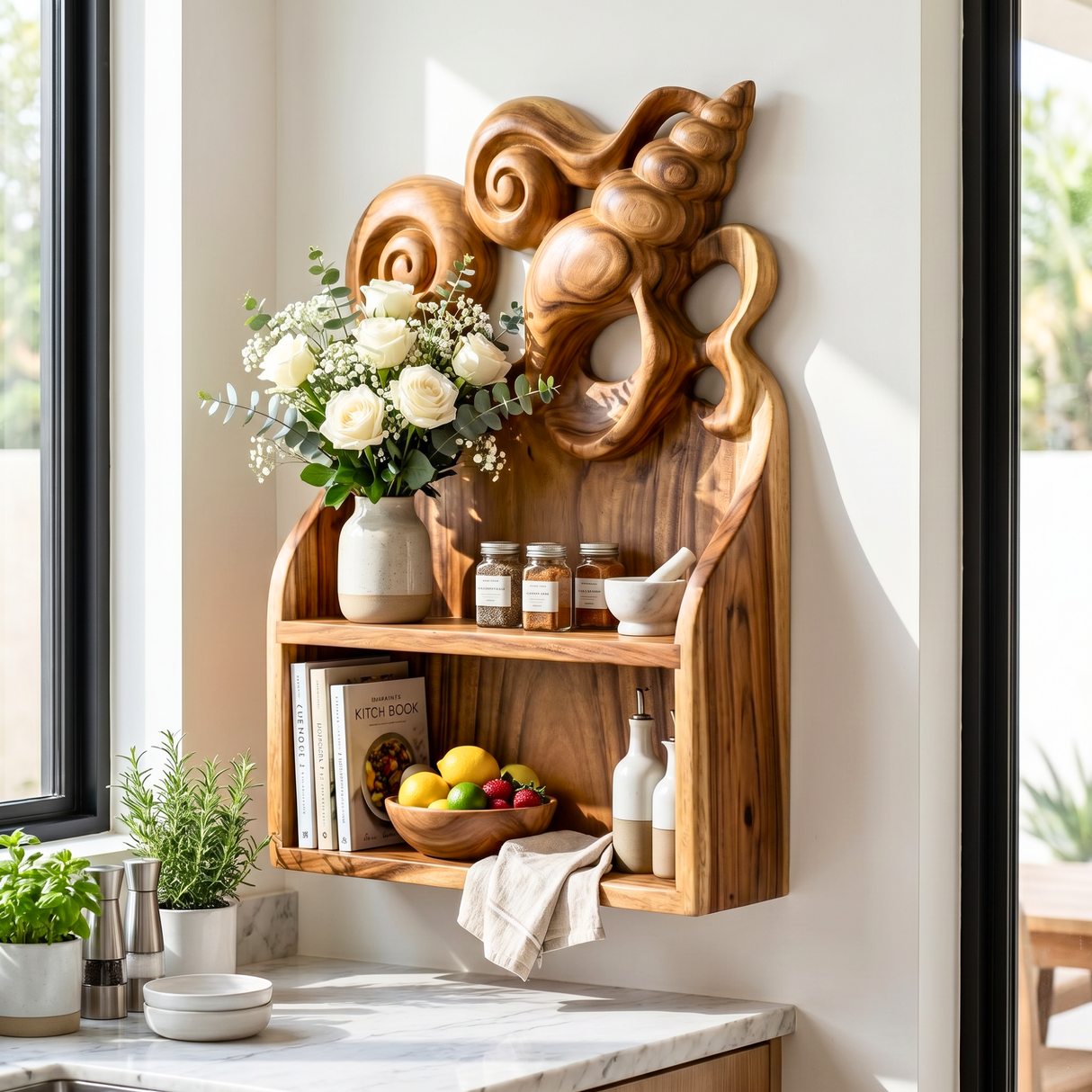 Seashell Carved Wood Wall Shelf for Bathroom Storage