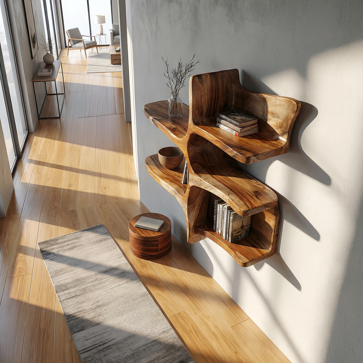 Sculptural Solid Wood Wall Bookshelf with Organic Branch Design