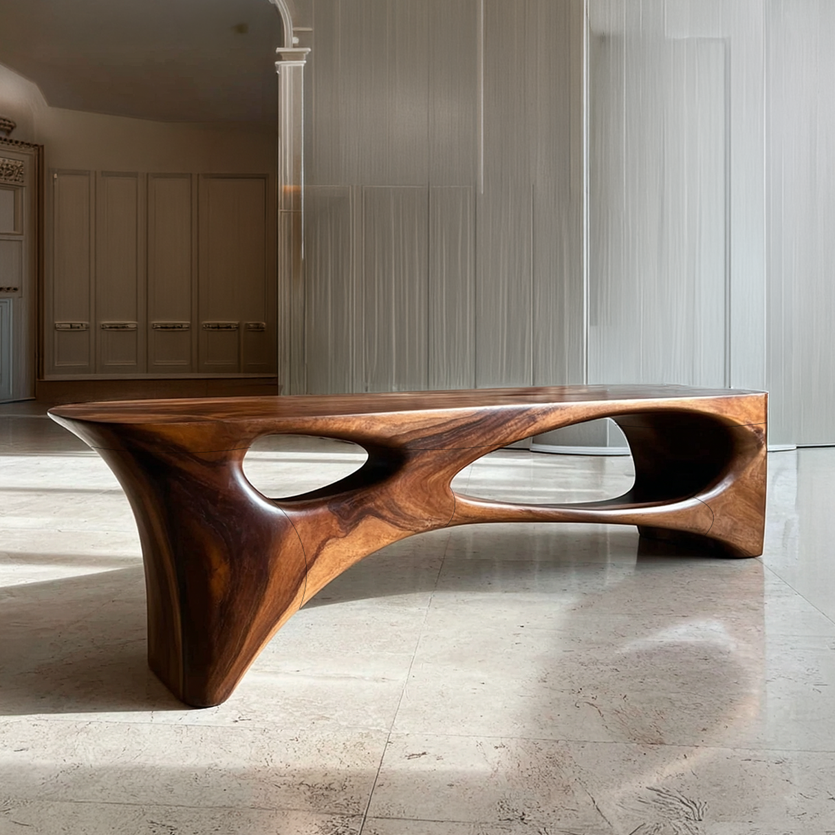 Abstract Sculptural Solid Wood Bench with Organic Cut-Out Design