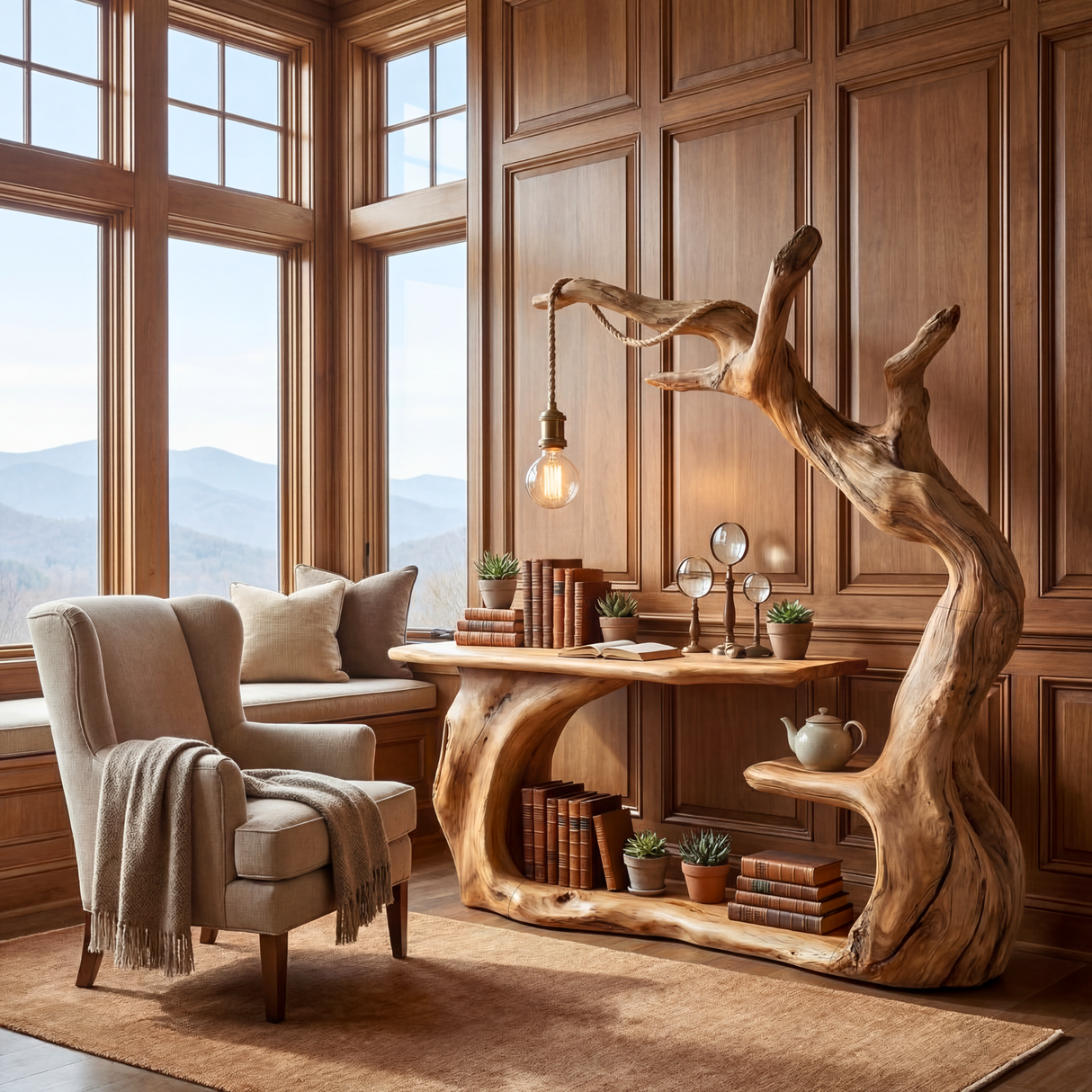 Organic Sculptural Wood Workstation with Hanging Lamp and Storage Shelf