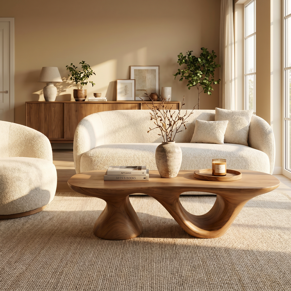 Solid Wood Coffee Table with Dual Sculptural Hollow Base