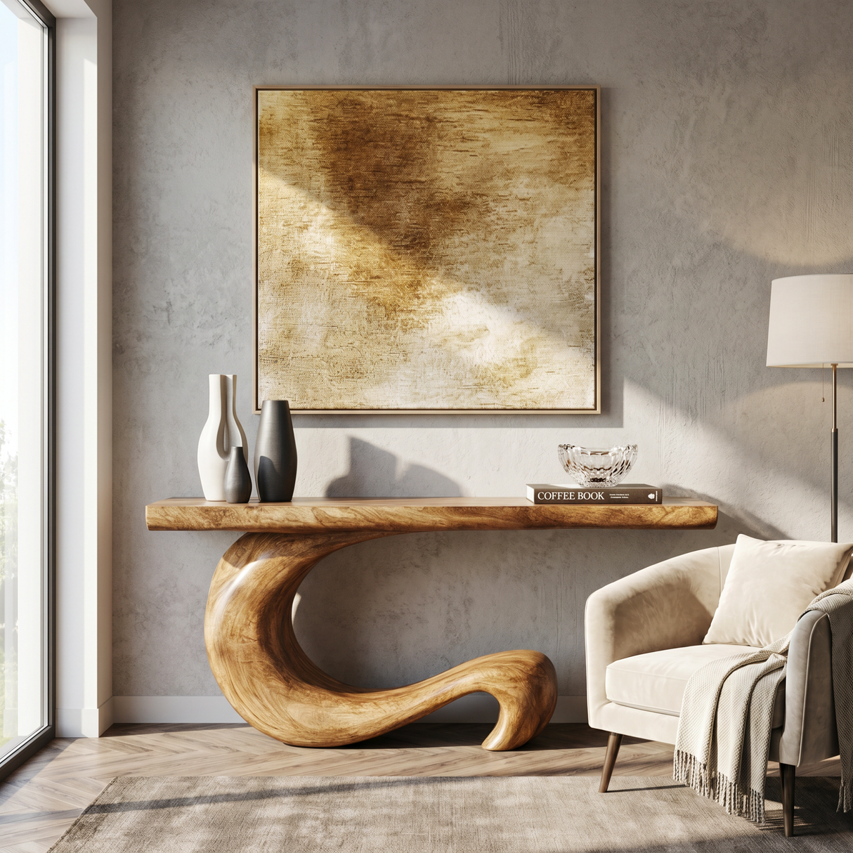 Console Table Solid Wood with Sculptural Curl Base for Entryway Decor