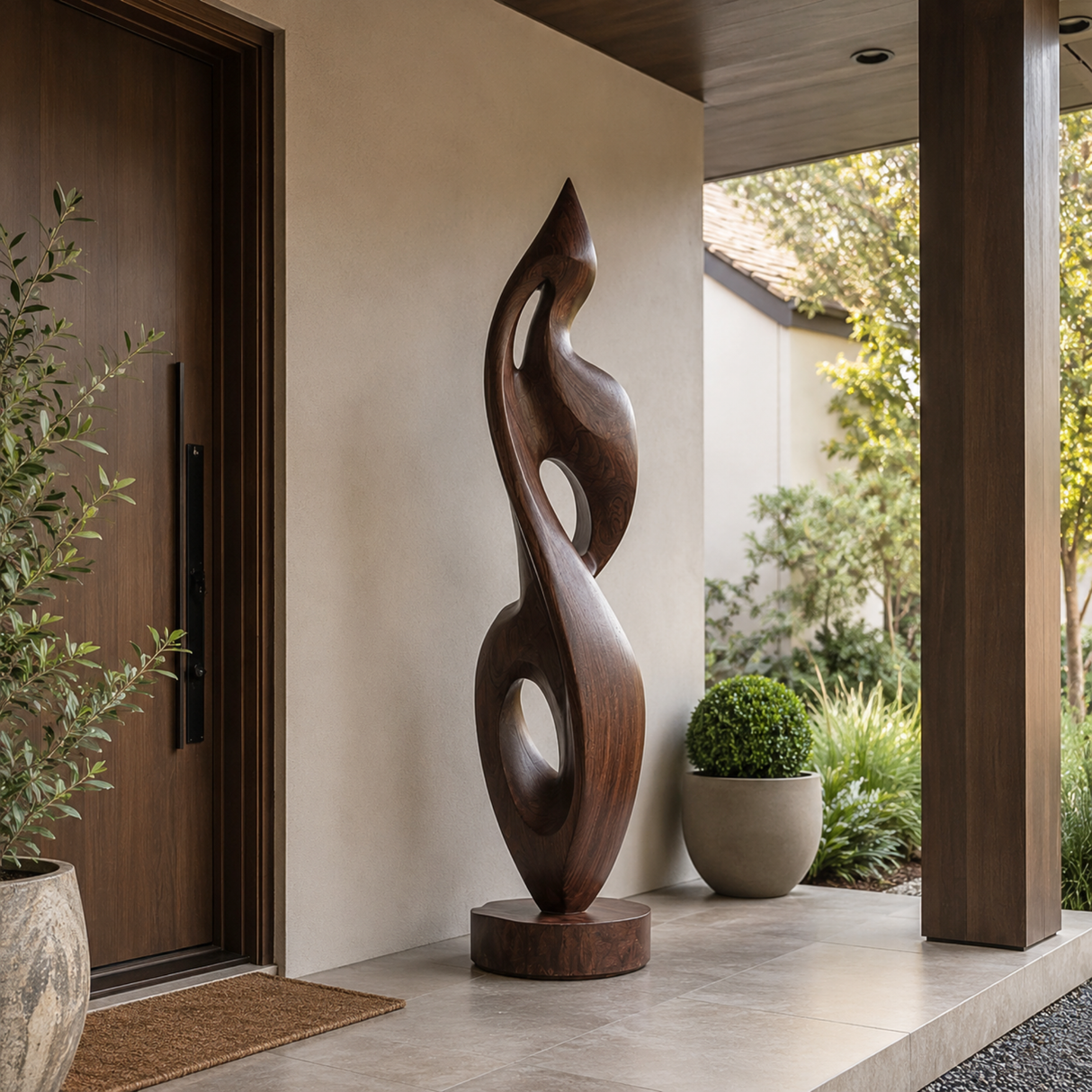 Handcrafted Solid Wood Abstract Floor Sculpture with Flowing Open Form