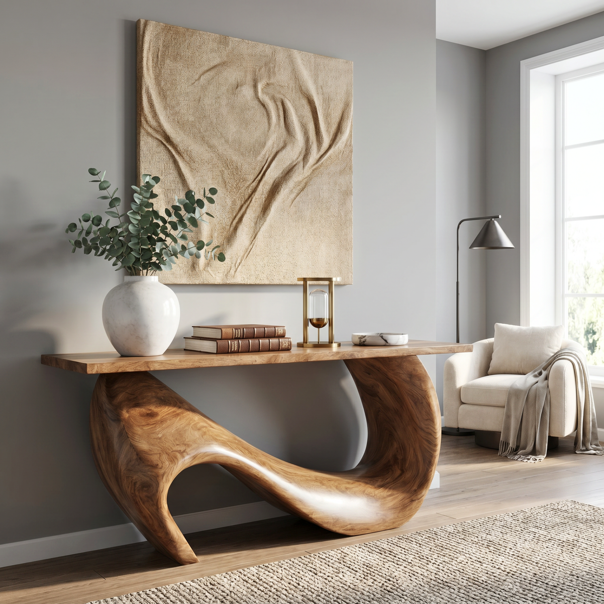 Console Table Solid Wood with Asymmetric Loop Base for Entryway Decor