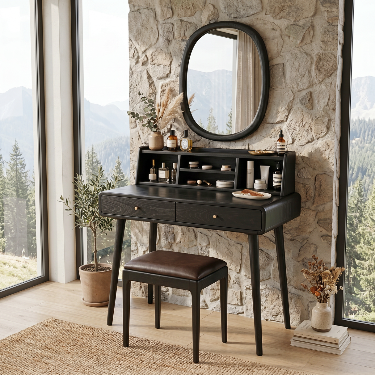 Handcrafted Solid Wood Vanity Desk with Open Organizer Shelf and Drawer Storage