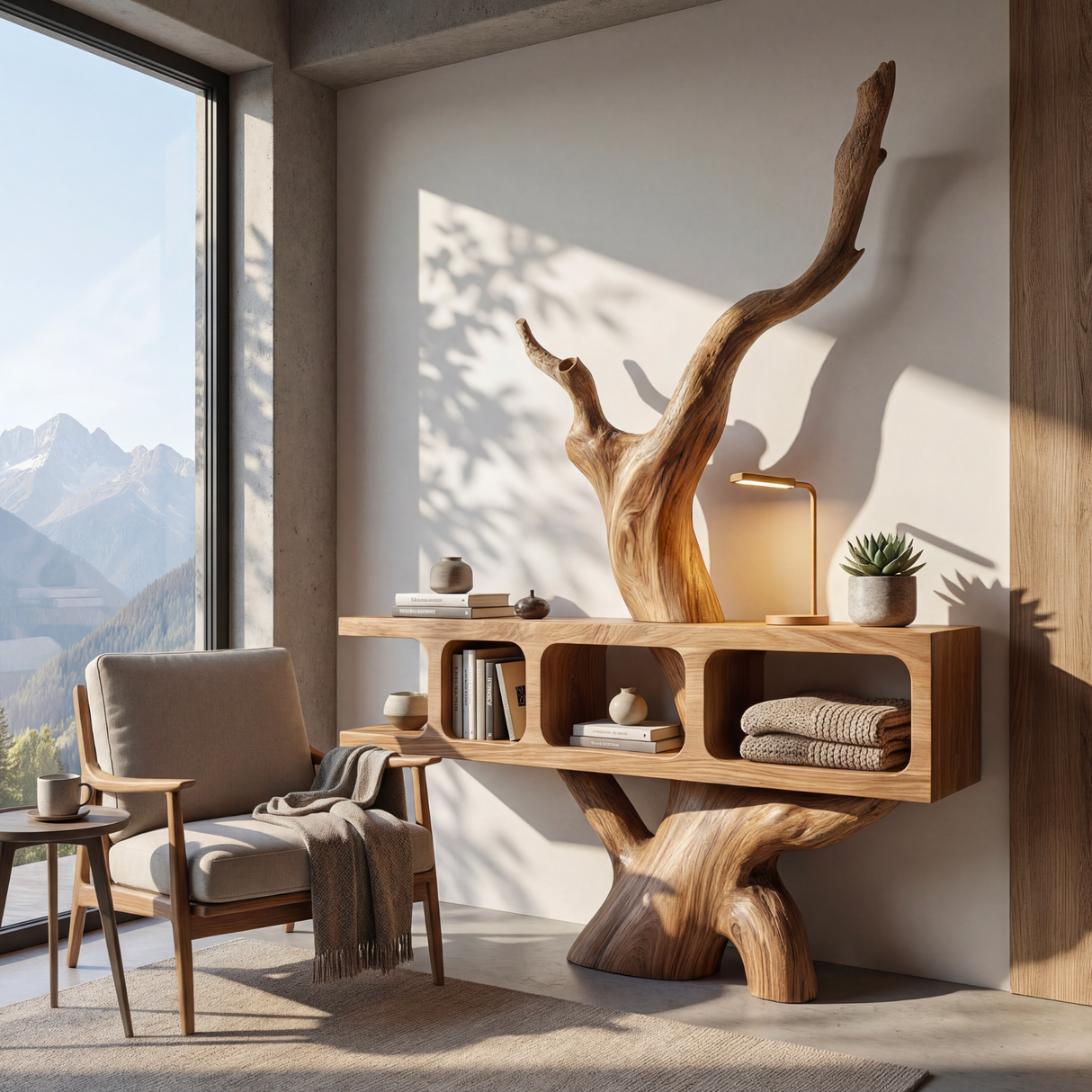 Sculptural Solid Wood Bookshelf with Tree Form Organic Modern Display Shelf Storage Unit