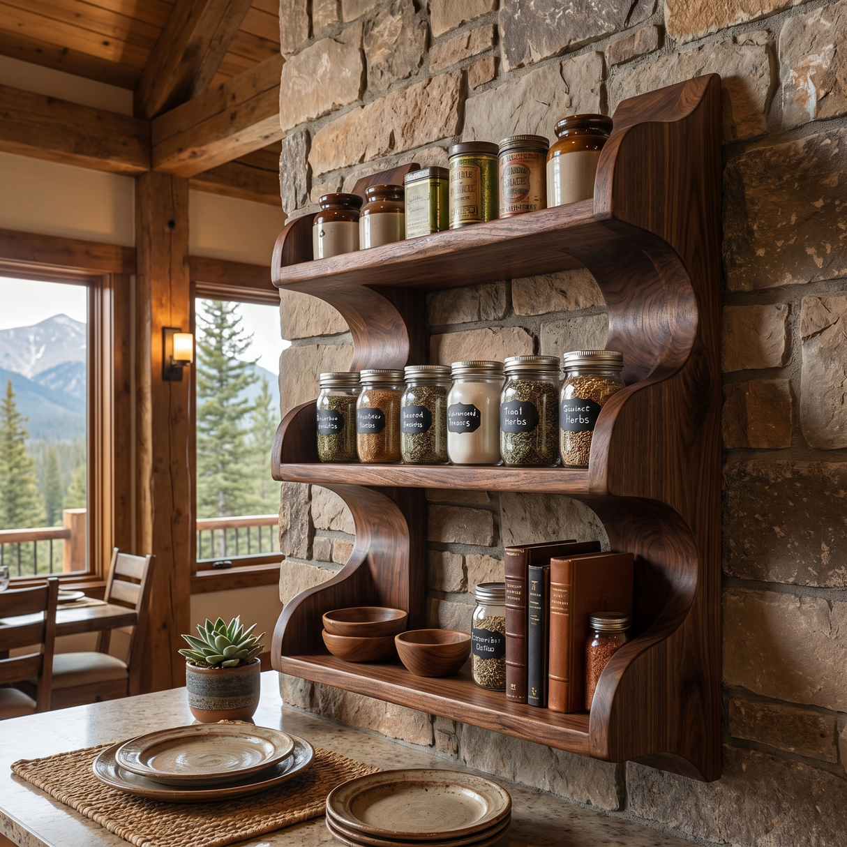 Solid Wood Organic Wall Spice Rack with Flowing Three Shelf Design